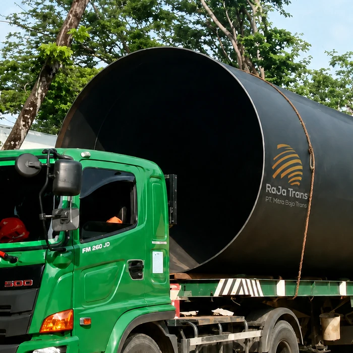 Truk Hino RaJa Trans angkut pipa baja besar